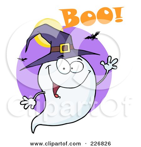 Royalty-Free (RF) Clipart Illustration of a Halloween Ghost Wearing A Witch Hat And Waving Over A Purple Circle With Boo by Hit Toon