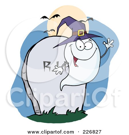 Royalty-Free (RF) Clipart Illustration of a Waving Halloween Ghost Wearing A Purple Witch Hat By A Tombstone by Hit Toon