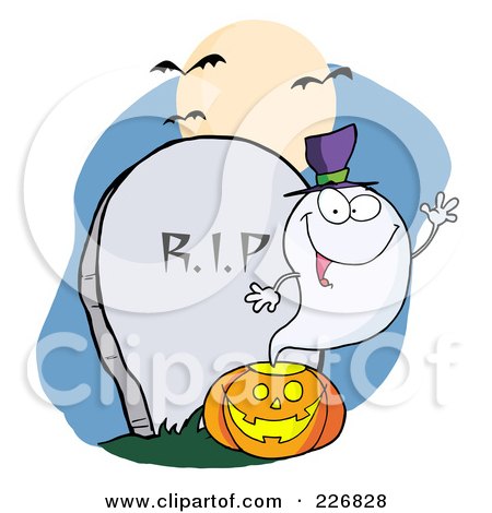 Royalty-Free (RF) Clipart Illustration of a Waving Halloween Ghost Wearing A Witch Hat Over A Pumpkin By A Tombstone by Hit Toon