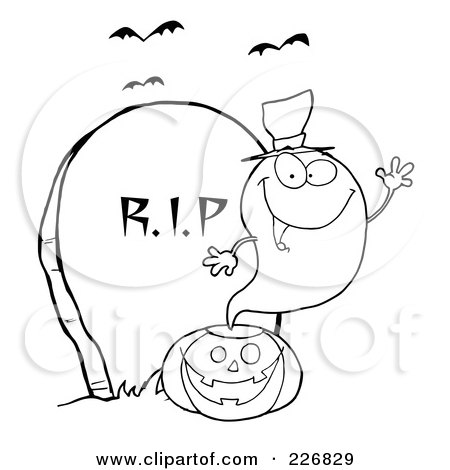 Royalty-Free (RF) Clipart Illustration of a Coloring Page Outline Of A Halloween Ghost Wearing A Witch Hat And Waving Over A Pumpkin By A Tombstone by Hit Toon