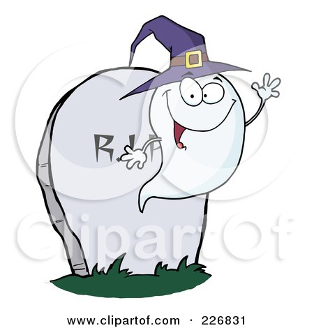 Royalty-Free (RF) Clipart Illustration of a Cute Halloween Ghost Wearing A Purple Witch Hat And Waving By A Tombstone by Hit Toon