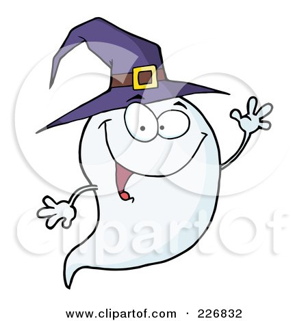 Royalty-Free (RF) Clipart Illustration of a Cute Halloween Ghost Wearing A Purple Witch Hat And Waving by Hit Toon