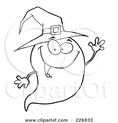 Royalty-Free (RF) Clipart Illustration of a Coloring Page Outline Of A Cute Halloween Ghost Wearing A Witch Hat And Waving by Hit Toon