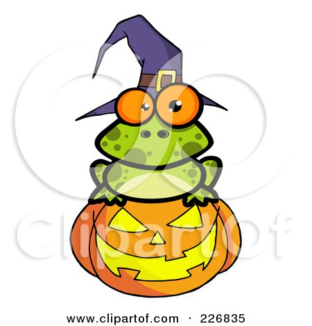 Royalty-Free (RF) Clipart Illustration of a Spotted Frog Wearing A Witch Hat And Sitting On A Jackolantern by Hit Toon