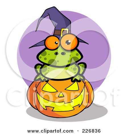 Royalty-Free (RF) Clipart Illustration of a Spotted Frog Wearing A Witch Hat And Sitting On A Pumpkin by Hit Toon