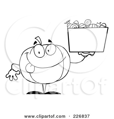 Royalty-Free (RF) Clipart Illustration of a Coloring Page Outline Of A Jackolantern Holding Up A Bin Of Halloween Candy by Hit Toon