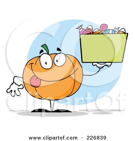 Royalty-Free (RF) Clipart Illustration of a Happy Pumpkin Holding Up A Bin Of Halloween Candy by Hit Toon