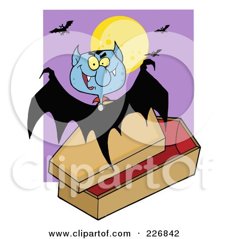 Royalty-Free (RF) Clipart Illustration of a Vampire Bat Hovering Above A Coffin Against A Full Moon by Hit Toon