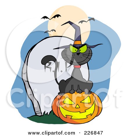 Royalty-Free (RF) Clipart Illustration of a Black Cat Wearing A Witch Hat And Sitting On A Jackolantern By A Tombstone by Hit Toon