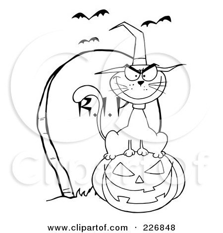 Royalty-Free (RF) Clipart Illustration of a Coloring Page Outline Of A Cat Wearing A Witch Hat And Sitting On A Pumpkin By A Tombstone by Hit Toon