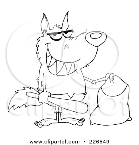 Royalty-Free (RF) Clipart Illustration of a Coloring Page Outline Of A Werewolf Holding A Bat And Trick Or Treat Bag by Hit Toon