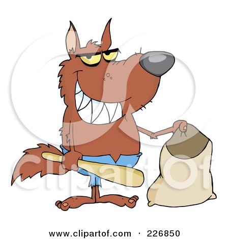 Royalty-Free (RF) Clipart Illustration of a Werewolf Holding A Bat And Trick Or Treat Bag by Hit Toon