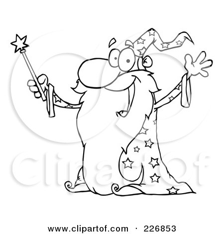 Royalty-Free (RF) Clipart Illustration of a Coloring Page Outline Of An Old Wizard In A Star Robe, Holding Up His Wand by Hit Toon
