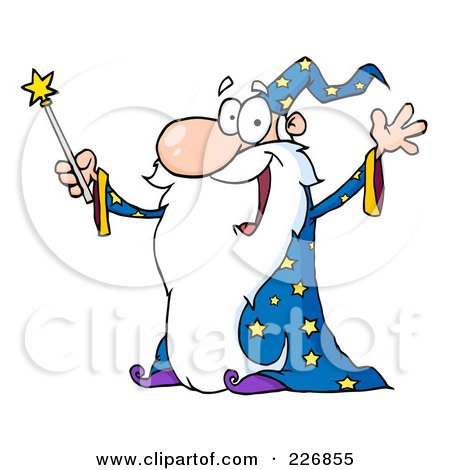 Royalty-Free (RF) Clipart Illustration of a Jolly Old Wizard In A Star Robe, Holding Up His Wand by Hit Toon