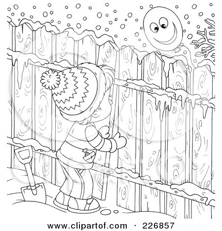 Royalty-Free (RF) Clipart Illustration of a Coloring Page Outline Of A Boy Peeking Through A Fence At A Balloon by Alex Bannykh