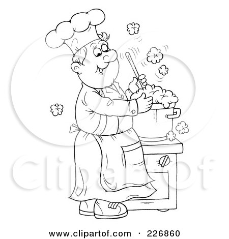 Royalty-Free (RF) Clipart Illustration of a Coloring Page Outline Of A Happy Chef Making Soup by Alex Bannykh