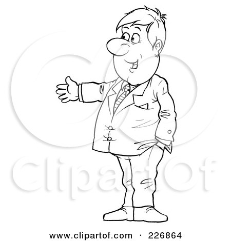 Royalty-Free (RF) Clipart Illustration of a Coloring Page Outline Of A Businessman Holding One Arm Out by Alex Bannykh