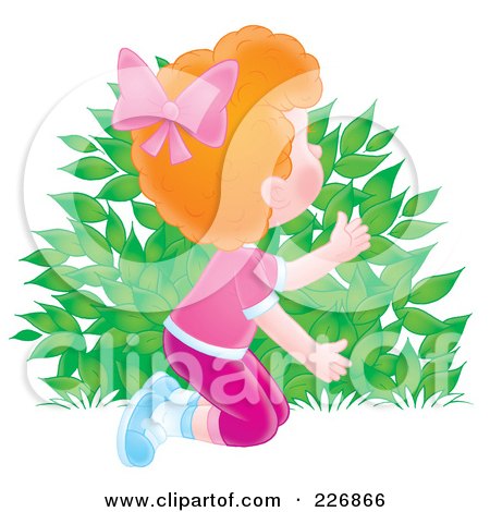 Royalty-Free (RF) Clipart Illustration of an Aibrushed Red Haired Girl Hiding Behind A Bush by Alex Bannykh
