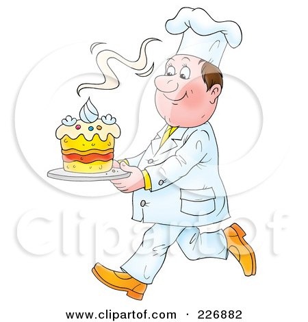 Royalty-Free (RF) Clipart Illustration of a Chef Carrying A Fresh Cake by Alex Bannykh