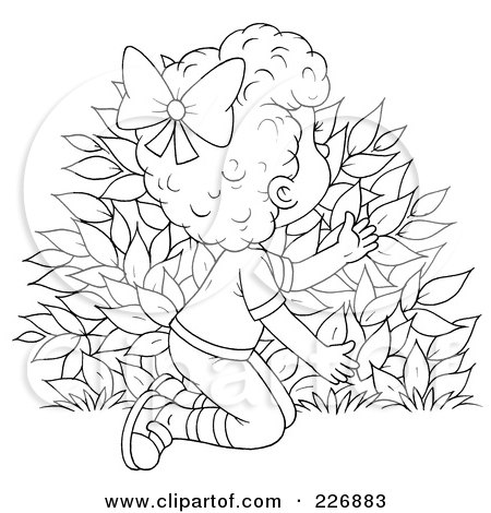 Royalty-Free (RF) Clipart Illustration of a Coloring Page Outline Of A Girl Hiding Behind A Bush by Alex Bannykh