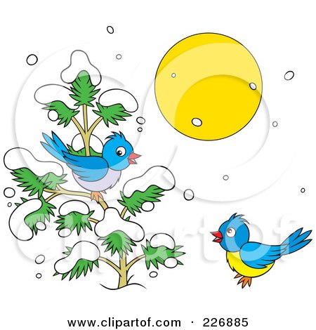 Royalty-Free (RF) Clipart Illustration of a Blue Birds Playing On A Sunny Winter Day by Alex Bannykh