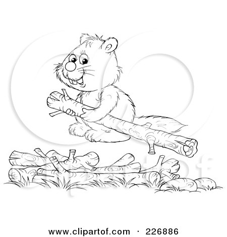 Royalty-Free (RF) Clipart Illustration of a Coloring Page Outline Of A Cute Beaver Stacking Wood Logs by Alex Bannykh