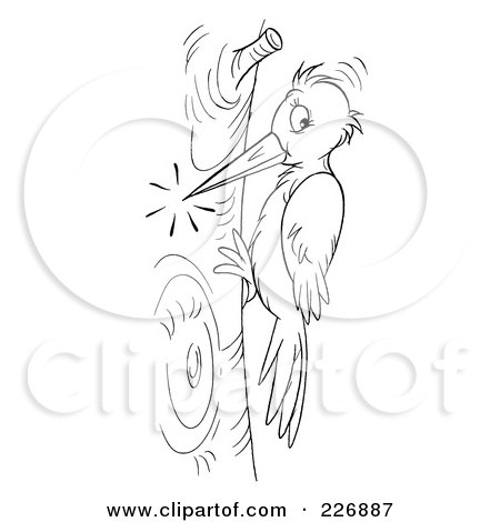 Royalty-Free (RF) Clipart Illustration of a Coloring Page Outline Of A Pecking Woodpecker by Alex Bannykh