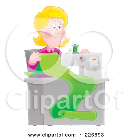Royalty-Free (RF) Clipart Illustration of a Happy Seamstress Sewing by Alex Bannykh