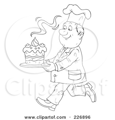 Royalty-Free (RF) Clipart Illustration of a Coloring Page Outline Of A Chef Carrying A Fresh Cake by Alex Bannykh