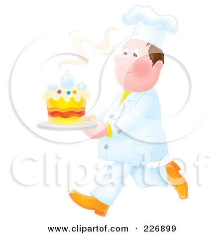 Royalty-Free (RF) Clipart Illustration of an Airbrushed Chef Carrying A Fresh Cake by Alex Bannykh