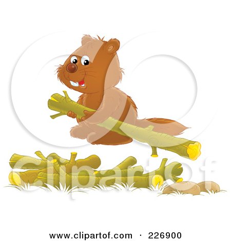 Royalty-Free (RF) Clipart Illustration of a Cute Beaver Stacking Wood Logs by Alex Bannykh