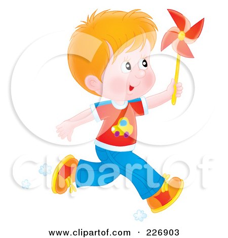 Royalty-Free (RF) Clipart Illustration of an Airbrushed Red Haired Boy Running With A Pinwheel by Alex Bannykh