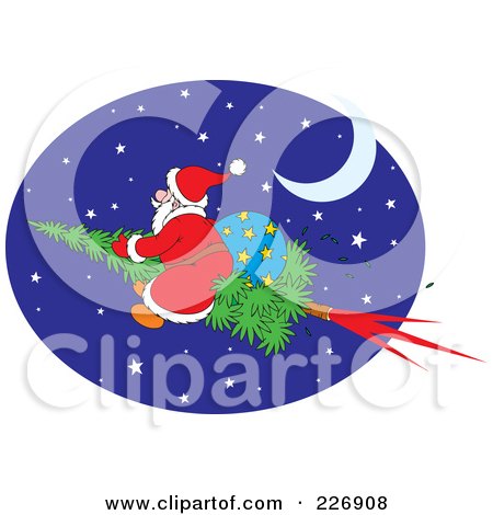 Royalty-Free (RF) Clipart Illustration of Santa Flying On A Christmas Tree Rocket by Alex Bannykh