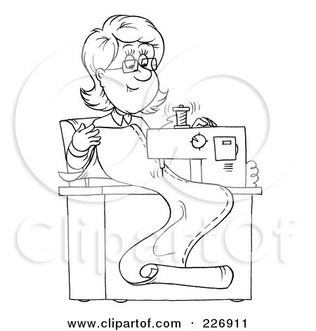 Royalty-Free (RF) Clipart Illustration of a Coloring Page Outline Of A Happy Seamstress Sewing by Alex Bannykh
