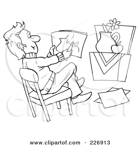 Royalty-Free (RF) Clipart Illustration of a Coloring Page Outline Of A Male Artist Drawing A Still Life by Alex Bannykh