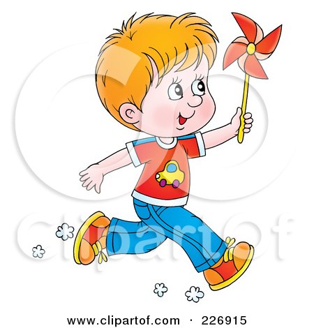 Royalty-Free (RF) Clipart Illustration of a Red Haired Boy Running With A Pinwheel by Alex Bannykh