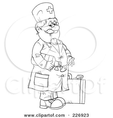 Royalty-Free (RF) Clipart Illustration of a Coloring Page Outline Of A Doctor Pouring Cough Syrup by Alex Bannykh