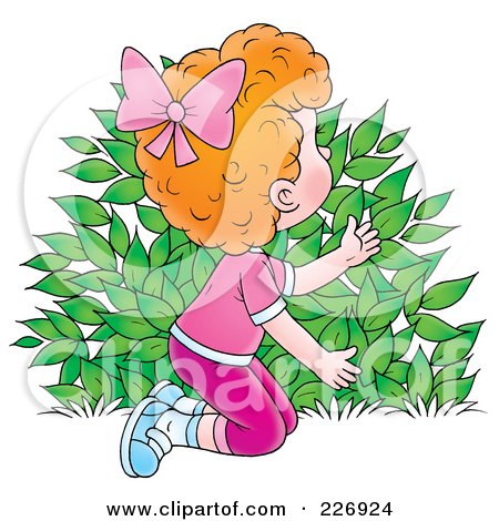 Royalty-Free (RF) Clipart Illustration of a Red Haired Girl Hiding Behind A Bush by Alex Bannykh