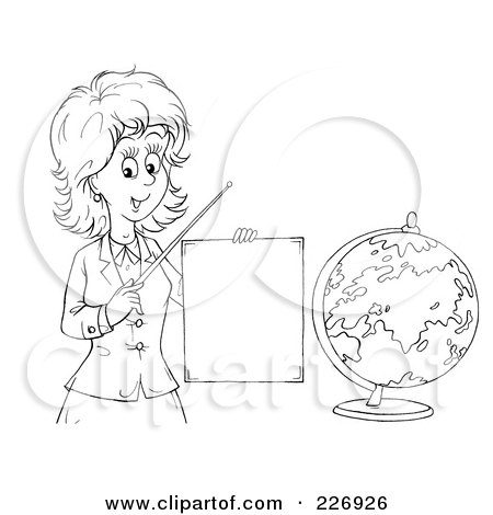 Royalty-Free (RF) Clipart Illustration of a Coloring Page Outline Of A Female Teacher Discussing Geography by Alex Bannykh