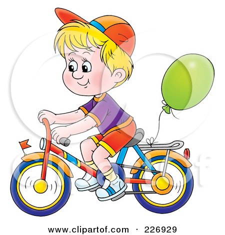 Royalty-Free (RF) Clipart Illustration of a Blond Boy Riding A Bike With A Balloon Attached by Alex Bannykh