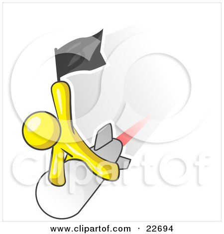 Clipart Illustration of a Yellow Man Waving A Flag While Riding On Top Of A Fast Missile Or Rocket, Symbolizing Success by Leo Blanchette