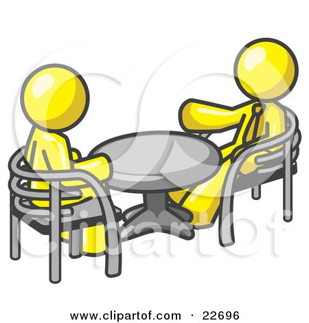 Clipart Illustration of Two Yellow Business Men Sitting Across From Eachother at a Table During a Meeting by Leo Blanchette