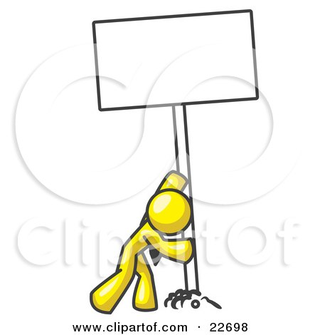 Clipart Illustration of a Strong Yellow Man Pushing a Blank Sign Upright  by Leo Blanchette
