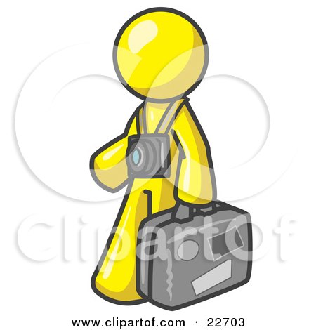 Clipart Illustration of a Yellow Male Tourist Carrying His Suitcase and Walking With a Camera Around His Neck by Leo Blanchette