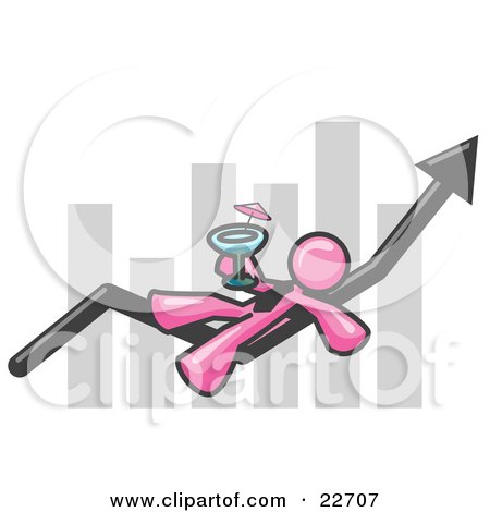 Clipart Illustration of a Pink Business Owner Man Relaxing on an Increase Bar and Drinking, Finally Taking a Break by Leo Blanchette