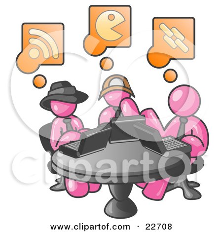 Clipart Illustration of Three Pink Men Using Laptops in an Internet Cafe by Leo Blanchette