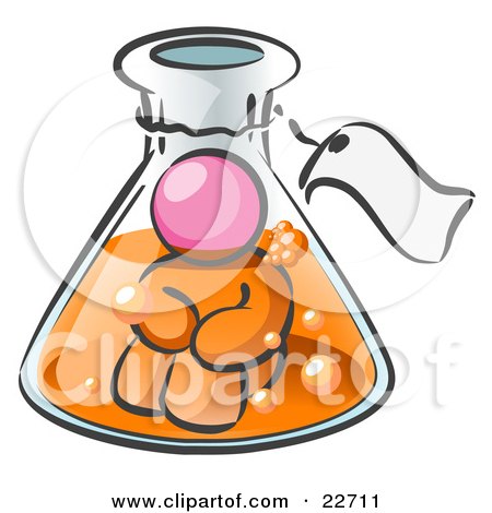 Clipart Illustration of a Pink Man Trapped Inside A Bubbly Potion In A Laboratory Beaker With A Tag Around The Bottle by Leo Blanchette