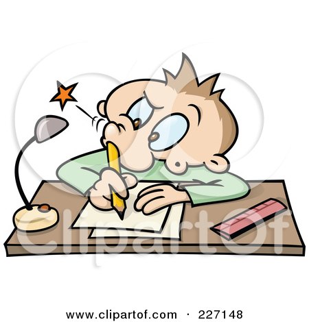 Royalty-Free (RF) Clipart Illustration of a Toon Guy Poking His Nostril With A Pencil While Writing At A Desk by gnurf