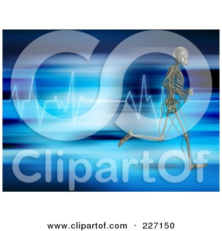 Royalty-Free (RF) Clipart Illustration of a 3d Skeleton Running Over A Blue Heart Rate Graph by KJ Pargeter