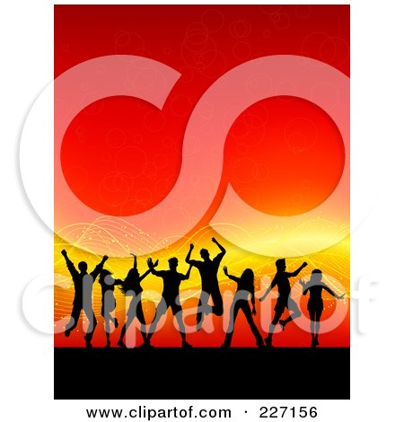 Royalty-Free (RF) Clipart Illustration of a Background Of Silhouetted Dancers Over A Red Background With Orange Waves by KJ Pargeter